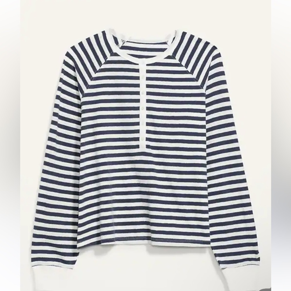 Old Navy Black & White Striped Henley Long Sleeve Top - Picture 2 of 3